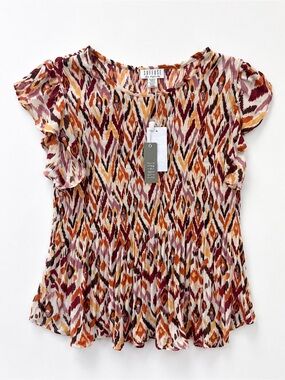 Suffuse Flutter Sleeve Ikat Blouse in Burgundy, Rust & Cream